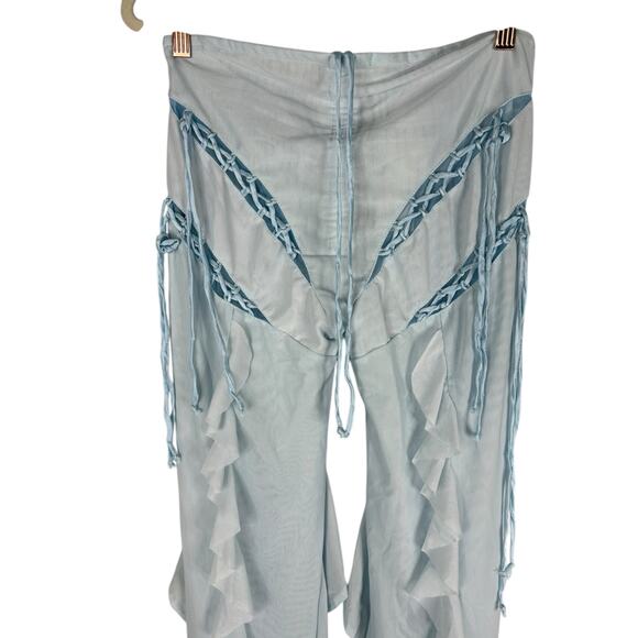 AMOR MIA Meta Angel Pants Sheer Lace Up Ruffle Boho Chic Festival Powder Blue SM - Picture 10 of 16